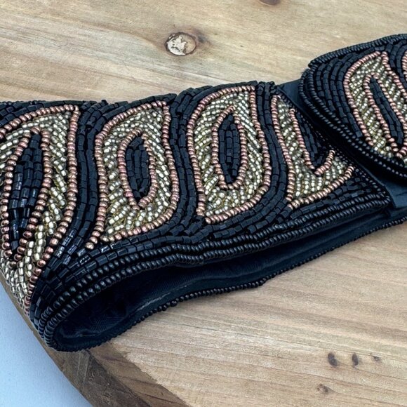 La Regale Fabric Beaded Black Gold Silver 2.25” WIDE Belt SZ S Hook Loop vintage - Picture 2 of 14